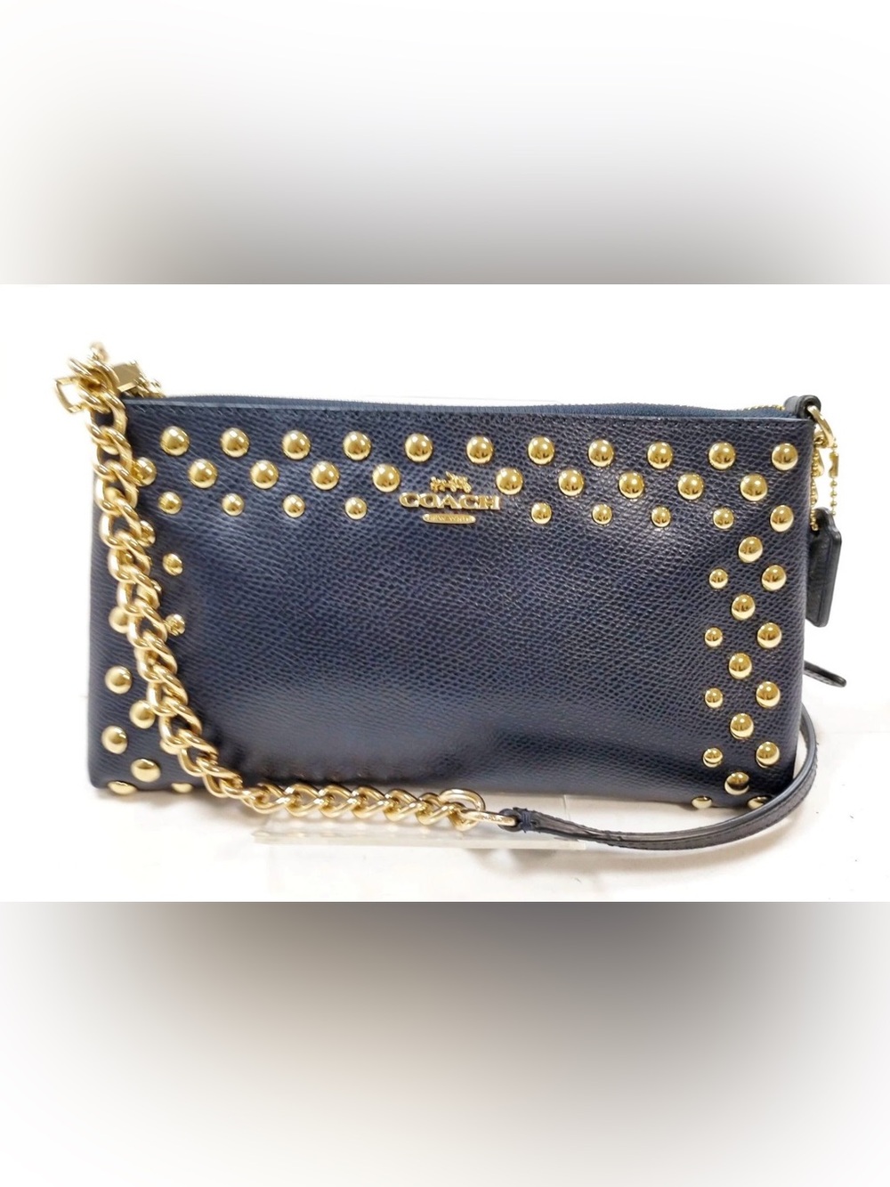 Coach Navy Pebbled Leather Clutch with Gold Studs